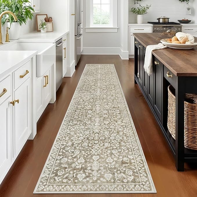 Vintage Runner Rugs for Hallway 2x10, Beige Taupe Washable Long Hallway Runner Rug Non Slip, Super Soft Kitchen Runner Rug, Print Faux Wool Floral Thin Carpet Runner for Entryway Bedroom