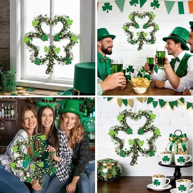 St Patricks Day Wreaths for Front Door, Artificial Shamrock Wreath Wood Lucky Clover Door Decorations with Green Berries for Spring Wall Mantel Window Home Party Decor