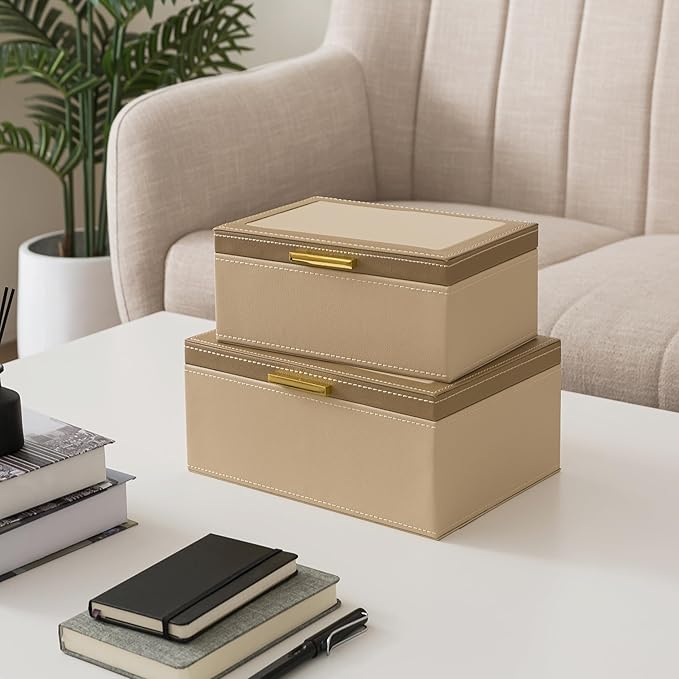 Soul & Lane Faux Leather Decorative Boxes with Lids and Gold Hardware for Home Decor, Set of 2 Stacking Hinged Boxes for Coffee Table and Living Room Shelves, Remote Control Holder, Two-tone Sand