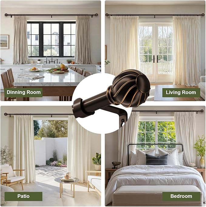 Oneach Brown Curtain Rods for Windows 72 to 144 Inch, 7/8" Adjustable Heavy Duty Decorative Drapery Rods with Round Netted Texture Finials (Pack of 1, 36 to 150 Inch)