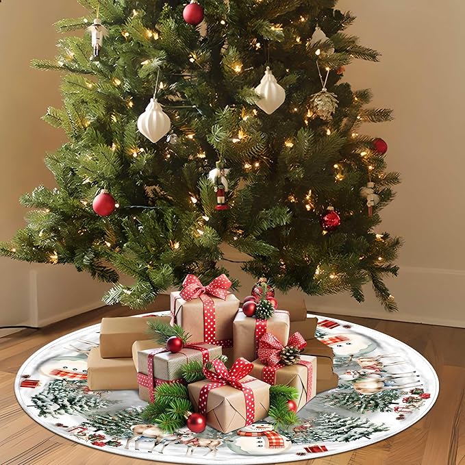 Christmas Tree Skirt 36 Inch,Snowman Reindeer Snowflake Xmas Decor, Winter Christmas Tree Mat for Home Party Holiday Indoor Outdoor Decorations