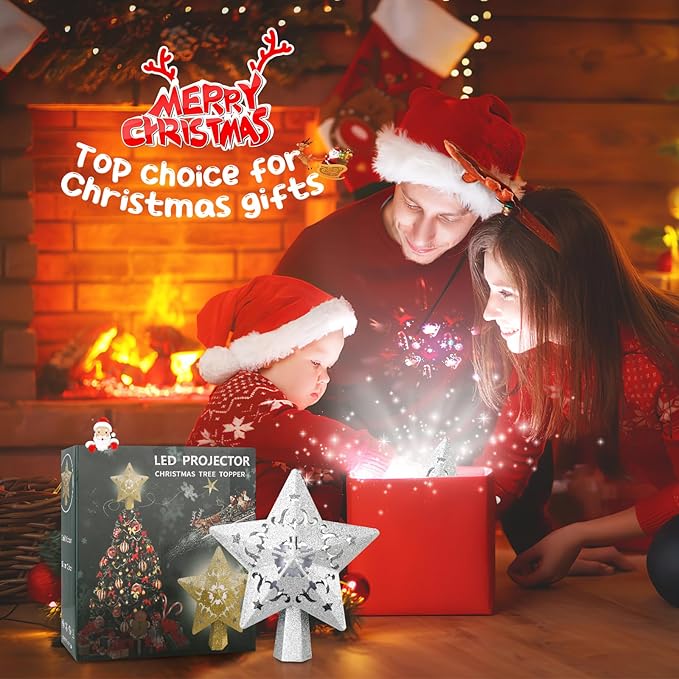 Christmas Tree Topper, Christmas Star Tree Topper Built-in LED Rotating Lights, Plug in 3D Sliver Glittered Star Tree Topper for Xmas Party Holiday Decorations