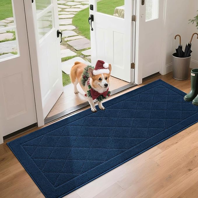 BEQHAUSE Dirt Trapper Door Mat 24" x 60", Doormat Non-Slip Entryway Rugs Washable, Dog Door Mat Stain Resistant and Absorbent Welcome Floor Mat for Front Back Door, Muddy Wet Shoes & Paws, Navy Blue
