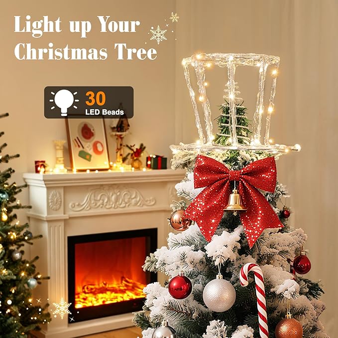 Lewondr Christmas Tree Topper Hat, 9.45" Epoxy Hat Xmas Tree Topper with 40 Warm LED Bulbs, 6 Hrs Timer and 8 Light Modes USB Remote Control, Christmas Treetop Decor for Home Holiday, Silver