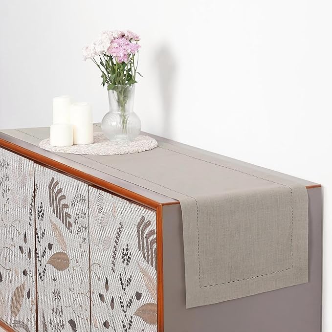 D'Moksha Homes Linen Natural Table Runner 90 Inches Long - Classic Hemstitch 100% Pure Linen Dining Table Runner 14 x 90 Inch for Valentines, Spring, Easter