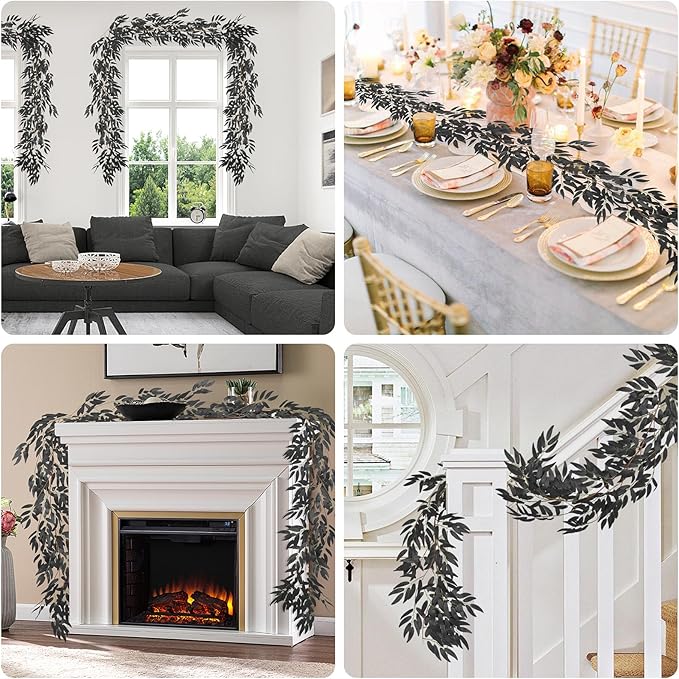 RECUTMS Artificial Hanging Willow Leaves Vine Twigs 2Pcs 5.7Ft Halloween Black Leave Garland Fake Silk Willow leaf Ivy Faux Greenery Plant for Indoor Outdoor Jungle Birthday Fall Christmas Party Decor