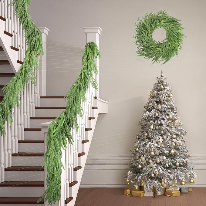 6 FT Christmas Artificial Norfolk Pine Garland with 18" Wreath, Real Touch Xmas Faux Greenery for Holiday Table Mantle Wall Fireplace Windows Home Front Door Indoor Decor
