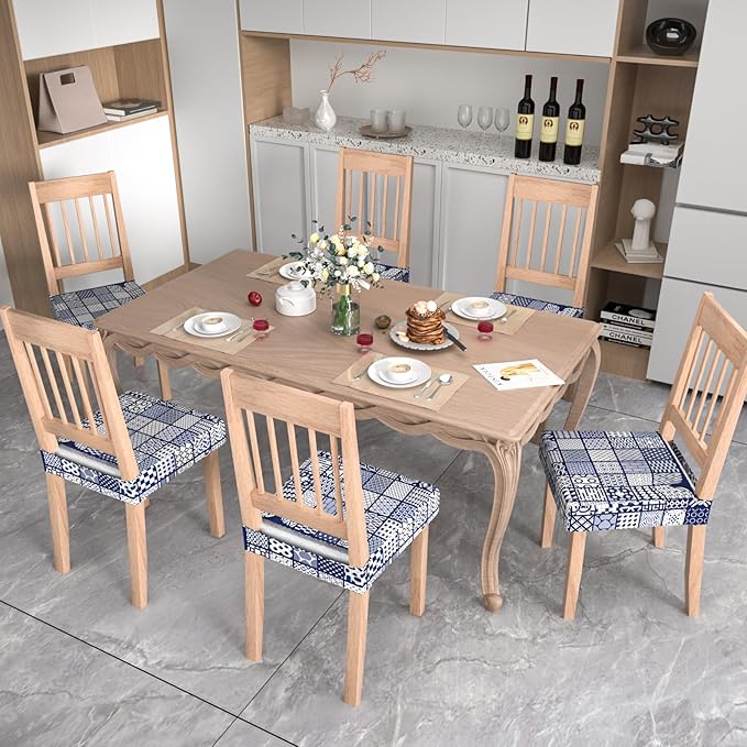 Stretch Dining Chair Seat Covers Set of 6,Dining Chair Slipcovers, Floral Printed Chair Covers,Soft Fabric Washable Upholstered Chair Seat Protector, No Rear Covers for Home Kitchen Dining Room