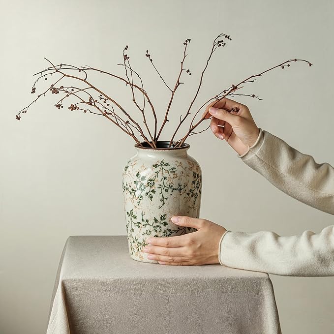 Vintage Pastoral Green and Beige Vase, Round Ceramic Floral Vases, Retro Ice Cracked Chinoiserie Vase for Home Decor, Living Room, Bookshelf, Office, Rustic Table Centerpiece 7.8 Inch