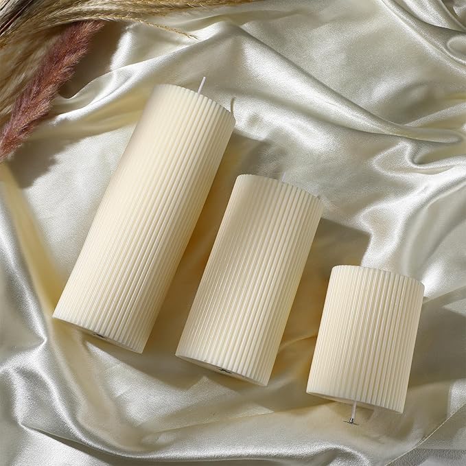 Ribbed Pillar Candles Set of 3, Width 3" High 4" 6" 8" Large Soy Wax Orchids Scented Pillar Candles Aesthetic Ribbed Modern Home Decor for Bathroom Living Room(Cream)