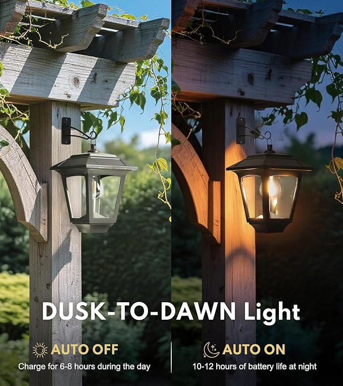 PASAMIC Solar Wall Lanterns Outdoor, 70 Lumens Hanging & Wall Mount Solar Porch Lights, IP65 Waterproof Dusk to Sconce Lights for Deck, Patio, Fence, Garage, Extra Replaceable Bulb, 2 Pack