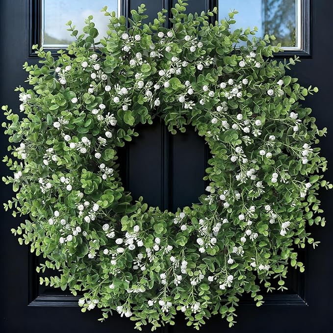 26" Artificial Eucalyptus Wreath with Baby's Breath for Front Door - Faux Eucalyptus Leaves, Fake Spring/Summer Greenery Flowers Wreath for Porch, Farmhouse, Wall, Window Outdoor Decor
