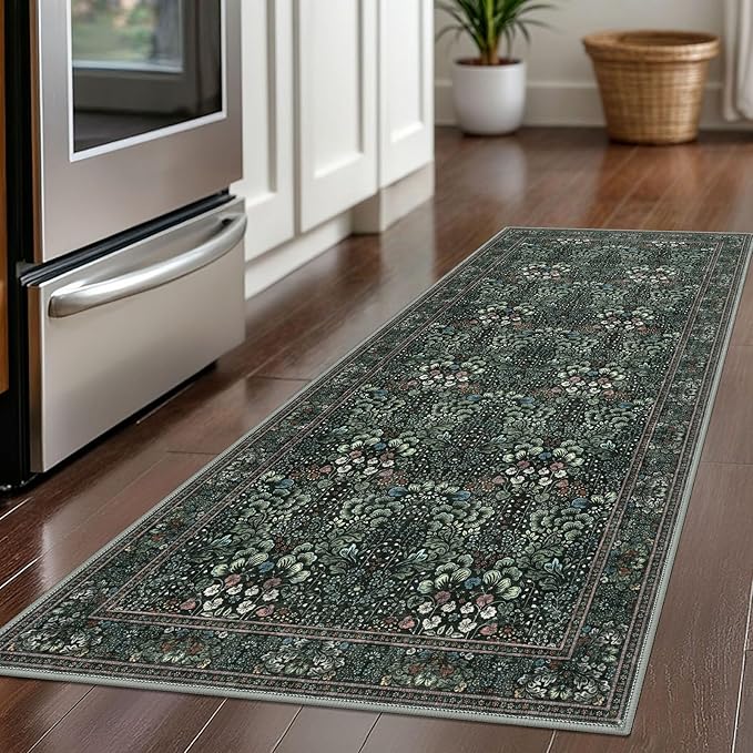 2x5 Modern Runner Rug for Hallways, Dark Green Super Soft Hallway Decor Kitchen Rugs with Non-Slip, Non-Shedding Washable Rug for Hallways Entryway Bedroom Indoor