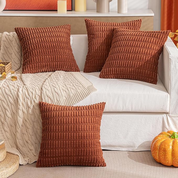 MIULEE Pack of 4 Fall Dark Rust Corduroy Decorative Throw Pillow Covers 18x18 Inch Soft Boho Striped Pillow Covers Modern Farmhouse Home Decor for Sofa Living Room Couch Bed