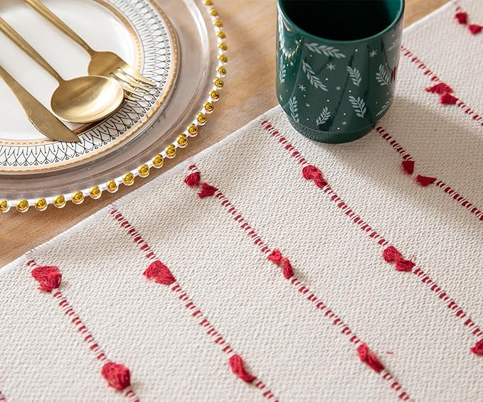 Caflife Christmas Table Runner 60 Inchs Long for Modern Farmhouse Room Home Christmas Decorations, Boho Red Table Runner, Natural Cotton Woven with Tassels for Holiday Kitchen and Dining Table Decor