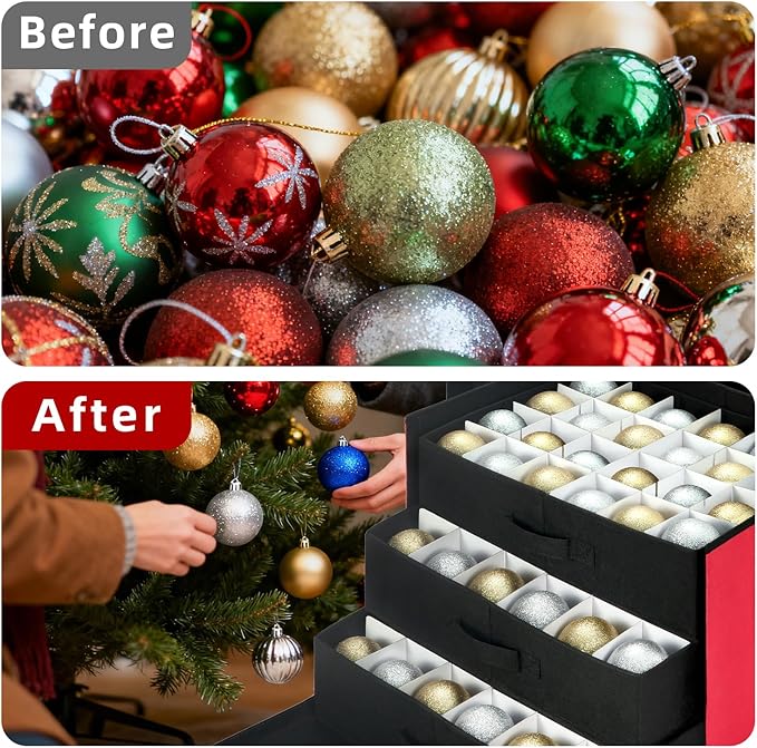 JY COOKMENT Christmas Ornament Storage Box with Adjustable Dividers, Large Holiday Ornaments Storage Container Bin with Lid for Xmas Decorations (72-3" Balls, Red, With Removable Tray)
