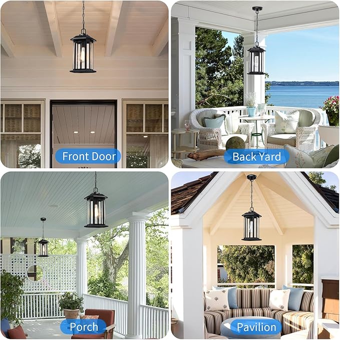13.4'' Dusk to Dawn Outdoor Pendant Lights for Porch, Black Hanging Porch Light with Seeded Glass, Waterproof Outdoor Chandelier Farmhouse Ceiling Light Fixture Lanterns, 1Pack