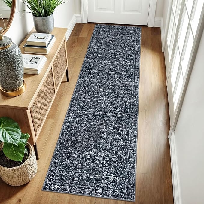 2x8 Washable Runner Rug for Hallways, Black Soft Classic Kitchen Rugs with Non-Slip, Non-Shedding Distressed Floral Carpet for Hallways Entryway Bedroom Bathroom Laundry Indoor