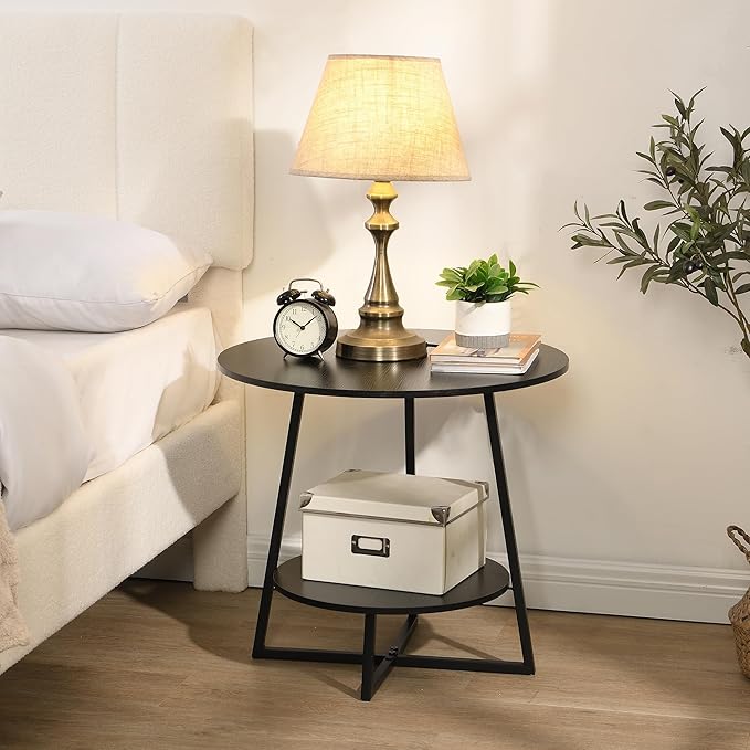 D&H FURNIMMT 20" Living Room Side Table for Small Spaces, 2 Tier Wood Top Round End Tables with Storage Shelf, Accent Sofa Table for Bedroom, Office, Sunroom, Balcony, Black