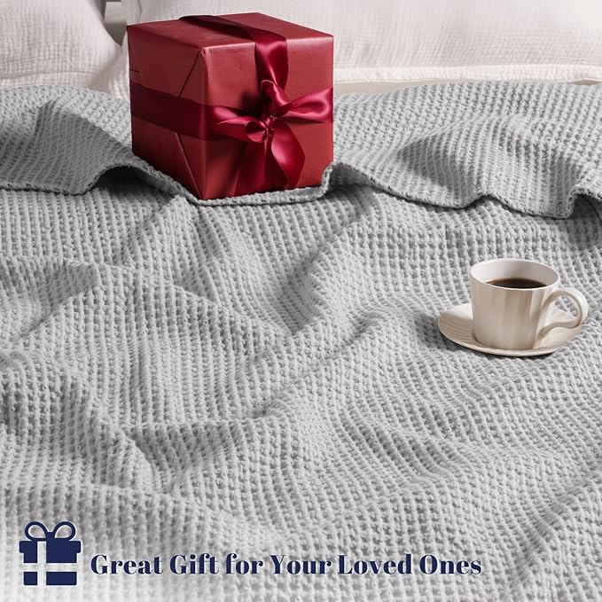 PHF 100% Cotton Waffle Weave Blanket King Size for Bed,Snag Proof Lightweight Breathable Moisture-wicking Throw for Couch,Great for Layering in Cold Weather,Machine Washable,Home Decor Gift-Light Grey
