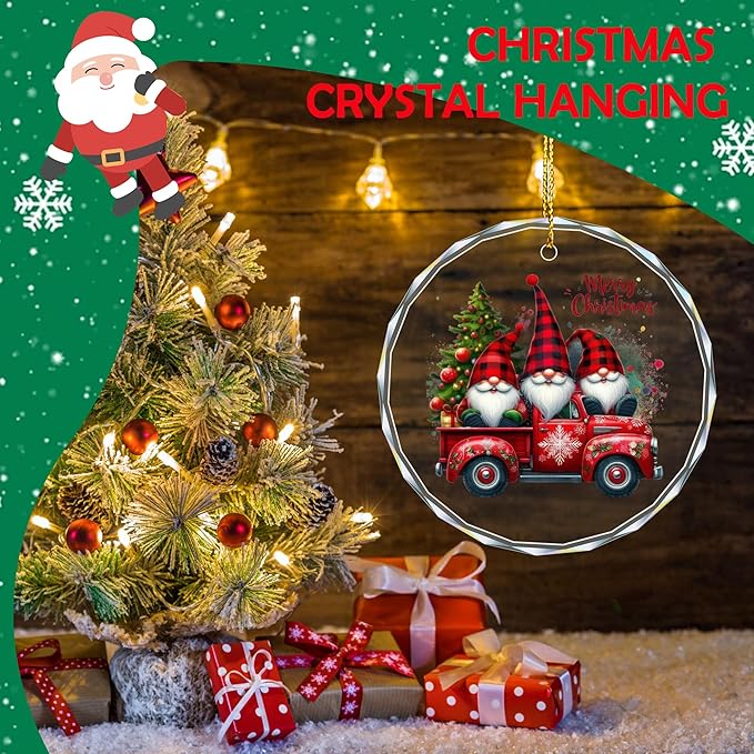 Christmas Gnome Red Truck Ornament – Crystal Hanging Decoration for Christmas Tree, Clear Acrylic Gnome & Red Truck Design, Xmas Holiday Home Décor & Gift