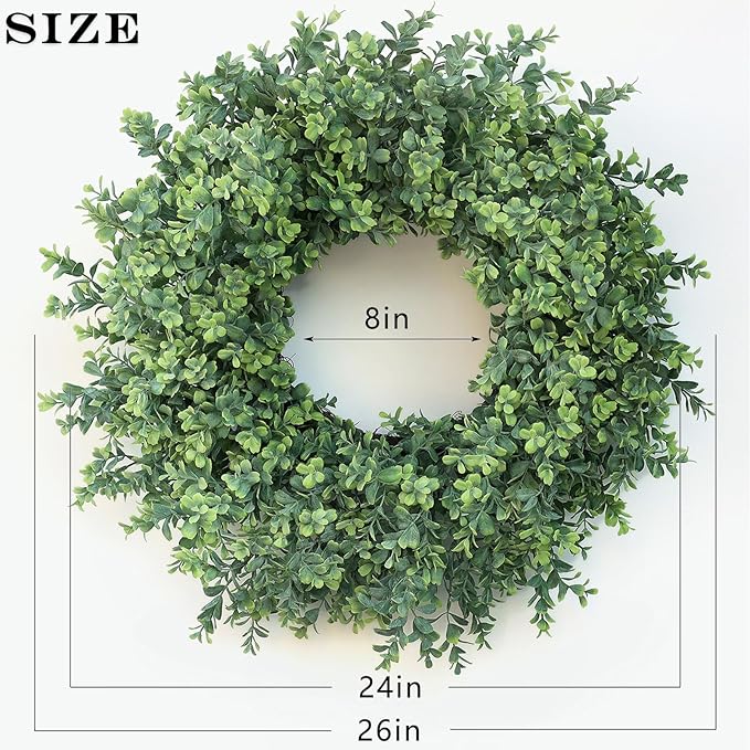 26'' Large Boxwood Wreath for Front Door, Porch, Window- Artificial Boxwood Leaves Greenery Outdoor Wreath for Home, Farmhouse Wall Decor- Spring, Summer, Fall, All Seasons (Green)