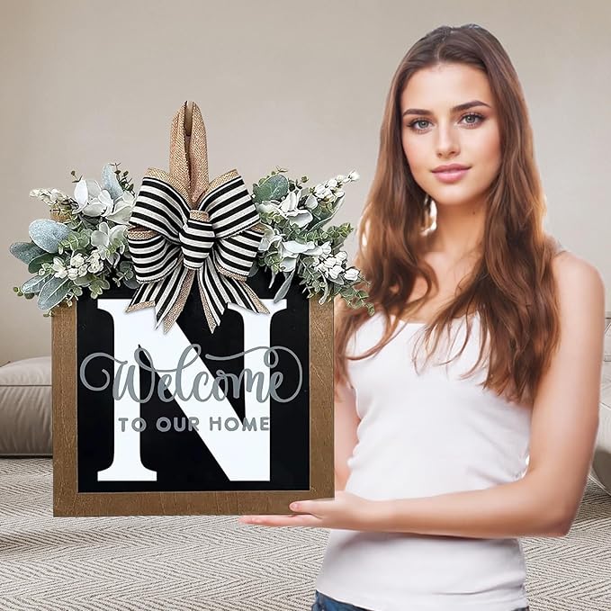 Ultra Large 14'' Last Name All Year Round Front Door Wreath with 26 Initial Letter Welcome Sign All Seasons Eucalyptus Garland and Bow Wreaths for Front Door Porch Farmhouse Decoration (N)