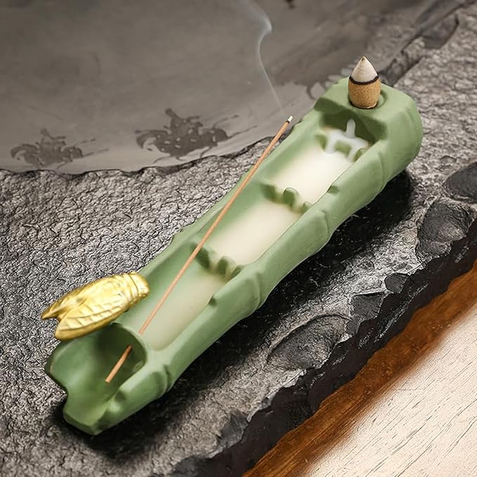 Dual - Use Ceramic Incense Burner, Bamboo Joint & Cicada Design, Stick/Backflow Incense Holder for Aromatherapy.Handmade Large Incense Holder for Meditation Yoga SPA,Palo Santo/Sage/Cone/