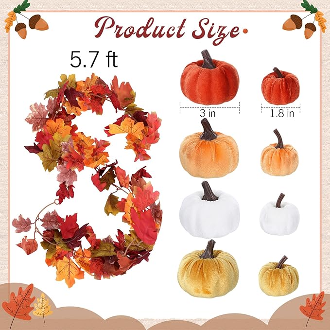 2 Pcs Artificial Maple Leaf Rattan Garland 24 Harvest Velvet Foam Fabric Pumpkins Decorative for Home Farmhouse Fireplace(Orange)