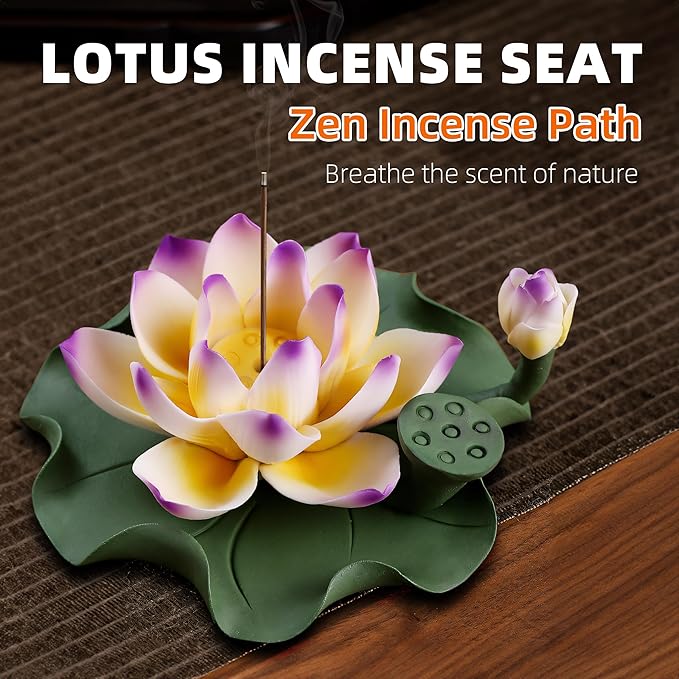 Lotus Incense Burner - Incense Burner Holder for Home Incense Holder Decor Incense Holder for Sticks Yoga, SPA (Z1-Purple Yellow)