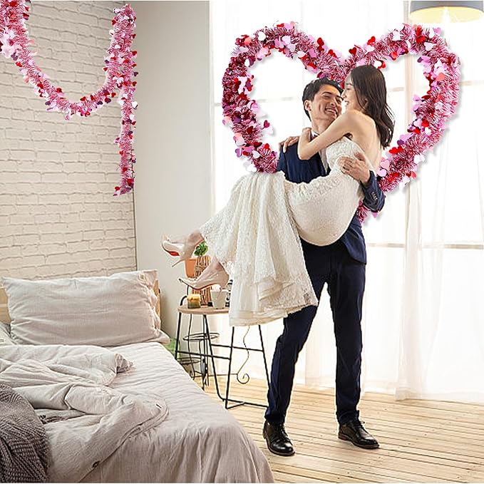 Valentines Garland Decor,50Ft Glitter Tinsel Heart Garland Decorations for Tree Mantle Bedroom Office Classroom Party Indoor Outdoor Holiday Home Pink Red White