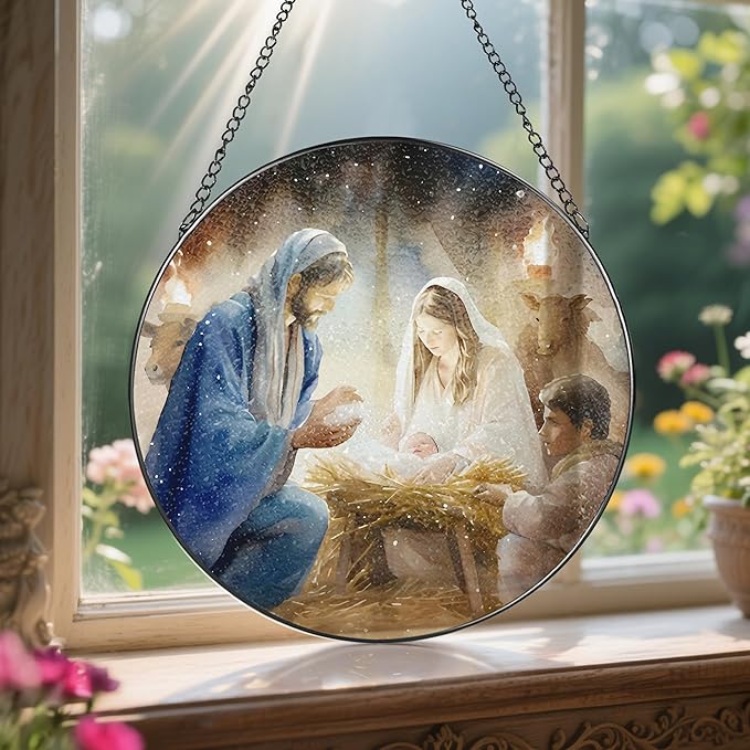 Stained Glass Suncatcher, Nativity Scene Sun Catcher Ornament; Stained Glass Window Hanging, Christmas Ornament, Christian Home Decor, Nativity Decor; Christian Gifts, Religious Gifts