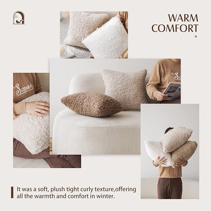 Foindtower 2 Pieces 16x16 Inch White, Faux Fur Throw Pillow Cover Accent Sherpa Pillow Fuzzy Soft Pillowcases Sheepskin Decorative Fleece Cushion Case for Bed Couch Living Room