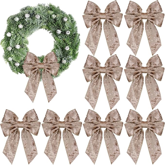 8 Pieces Christmas Wreath Bow, Christmas Bows Champagne Farmhouse Bow New Year Tree Topper Ornament for Home Front Door Decorations