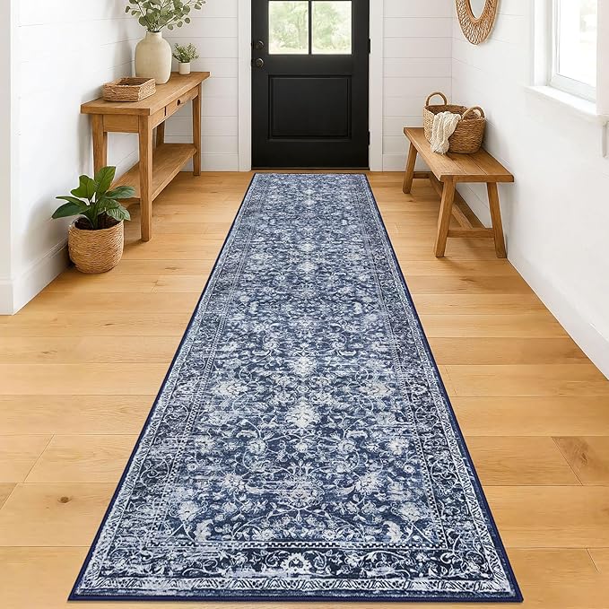 KILOCOCO Runner for Hallway 2.6x12 Runner Rug Printed Vintage Floral Washable Rug Kitchen Runners Soft Non-Slip Low Pile Hallway Runners Laundry Room Distressed Boho Rugs, Blue
