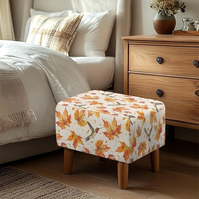 Fall Maple Leaves Ottoman Cover with Hummingbird - Elastic Stretch Slipcover, Machine Washable Furniture Protector for Rectangular Footstools, 33x30x15 inch