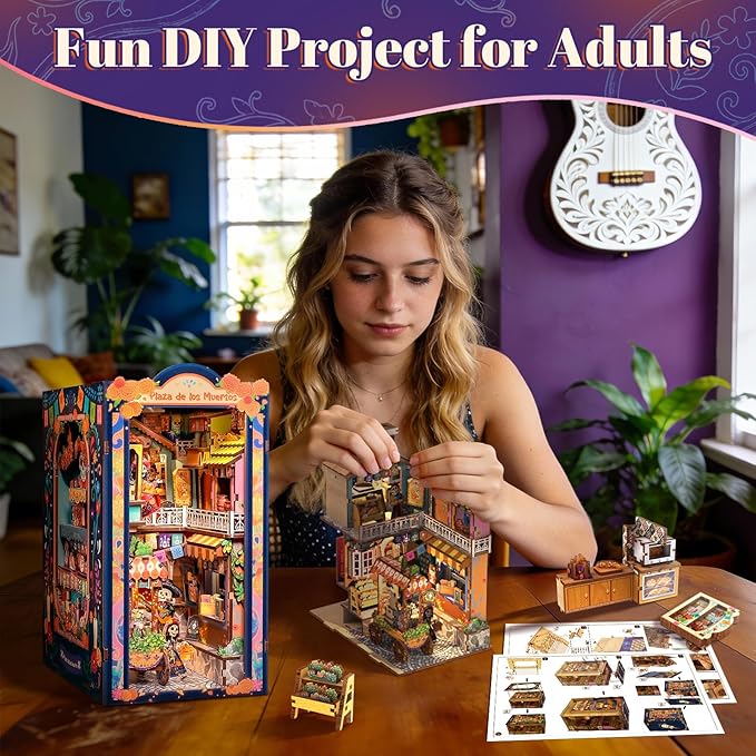 Fsolis Book Nook Kit - Decorative Bookends 3D Wood Puzzles Bookshelf Insert Diorama Kit DIY Miniature House for Adults Bookish Gifts for Women Book Lovers Bookworm (Plaza de Los Muertos)