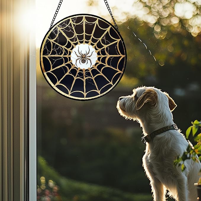 Stained Glass Window Hanging - Black Gold Spider Suncatcher for Door Terrace Garden Home Decor Halloween Sun Catcher Christmas Birthday Gifts for Lovers Women Men Dad Mom Nana 7.8 in
