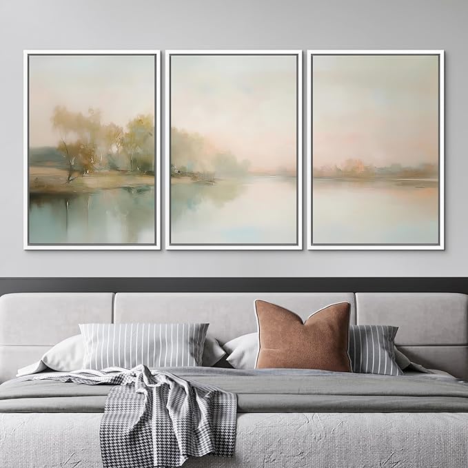 MUDECOR Framed Wall Art Print Set Soft Pastel Landscape Serene Waters and Reflections Illustrations Modern Art Boho Decorative Colorful Chic for Living Room, Bedroom, Office - 24"x36"x3 White