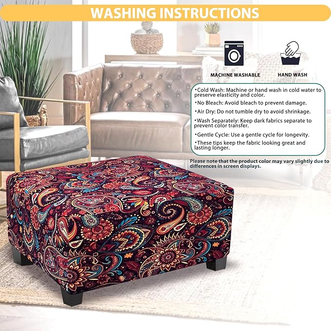 Ottoman Cover Rectangle Printed,Stretch Slipcover for Rectangular Footstool,Soft Fabric with Non-Slip Elastic Bottom,Decorative Furniture Protector for Living Room,Large,Flower E