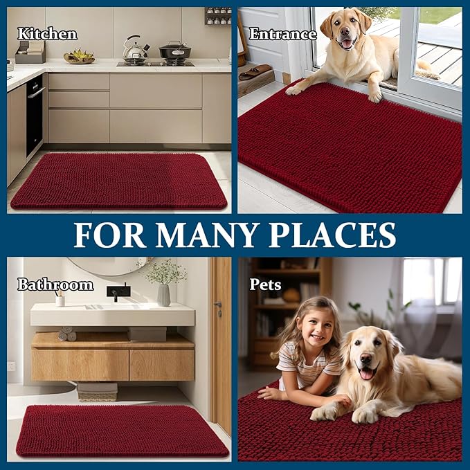 OLANLY Dog Door Mat for Muddy Paws 54x24, Absorbs Moisture and Dirt, Absorbent Non-Slip Washable Doormat, Quick Dry Chenille Mud Mat for Dogs, Entry Indoor Entryway Carpet for Inside Floor, Red