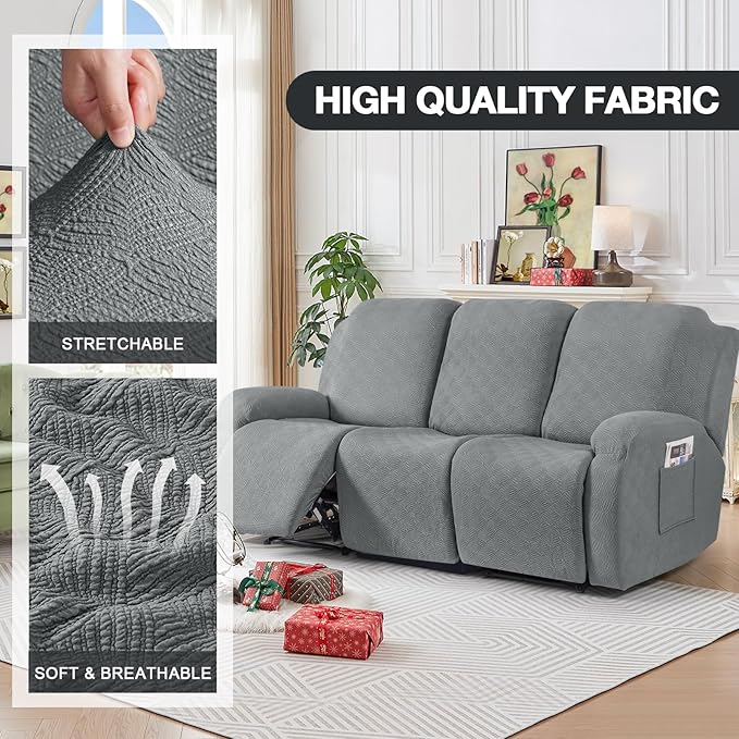 Timeles Recliner Covers for 3 Seater Reclining Sofa Slipcover Furniture Protector for Dogs and Pets Stretch Soft Washable (Three-Seater, Light Gray)