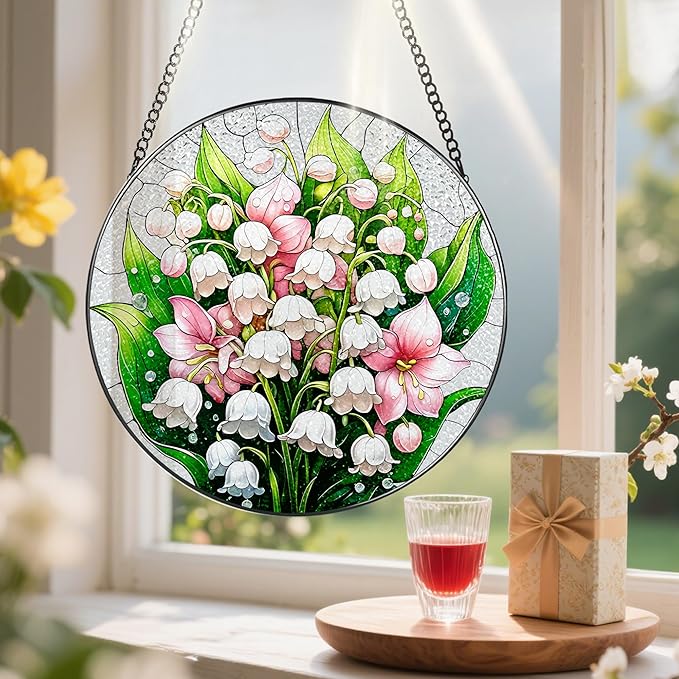 8-Inch Stained Glass Ornament, Stained Glass Window Hanging, Window Hanging Decor Suncatcher, The Valley Lily Flower Ornament | Holiday, Mother's Day, Birthday | Gifts for Flower Lovers, Mom & Grandma