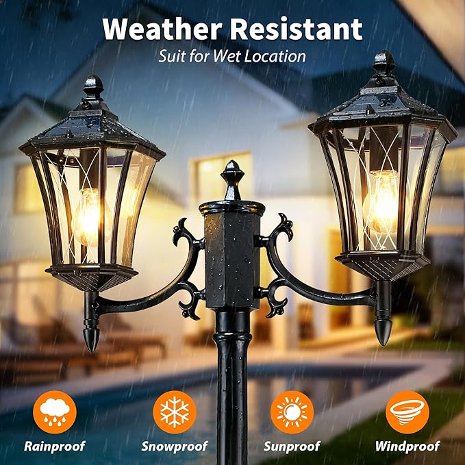 YSN 85" Solar Lamp Post Light, Dusk to Dawn Lamp Posts Outdoor Lighting, 2-Head Solar Pole Lights Outdoor Post Lights, Retro Black Exterior Pole Lantern, Waterproof Light Posts for Outside Garden Yard