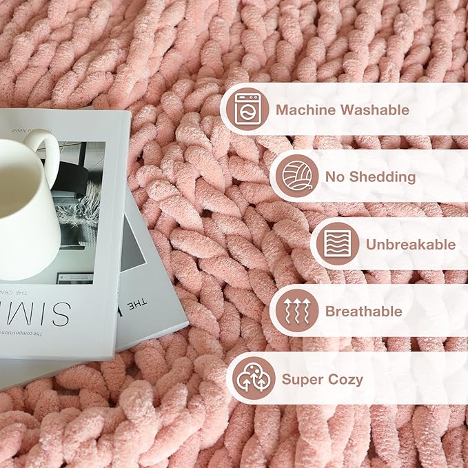 Soft Chunky Knit Blanket, 40X50 Inch Handmade Thick Chenille Yarn Throw Without Shedding & Raveling, Aesthetic & Cozy Home Decor with Couch Sofa Bed, Gift Pack, Pale Pink