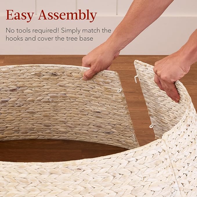 Best Choice Products 36in Christmas Tree Collar, Woven Hyacinth 3-Piece Holiday Rattan Tree Skirt Accessory for Home w/Cord Cut-Out - Transparent White