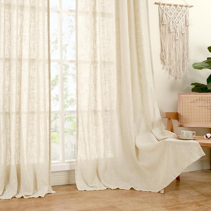 LAMIT Beige Linen Curtains 72 Inches Long 2 Panels for Living Room Faux Linen Textured Light Filtering Drapes Back Tab and Rod Pocket Boho Neutral Panels for Bedroom/Dining Room, 52 x 72 Inch