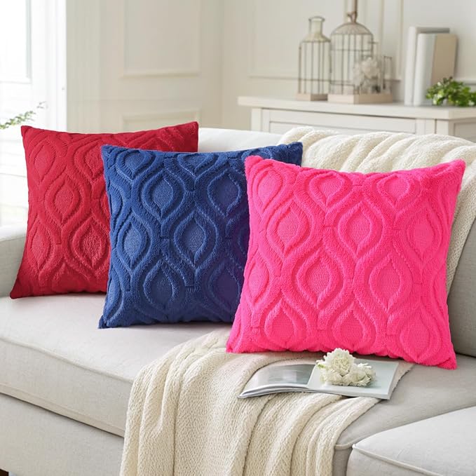 decorUhome Throw Pillow Covers 18x18 Inch Set of 2, Soft Plush Faux Wool Dark Blue Solid Couch Pillow Covers, Accent Farmhouse Neutral Square Pillow Cases for Sofa Bed Living Room
