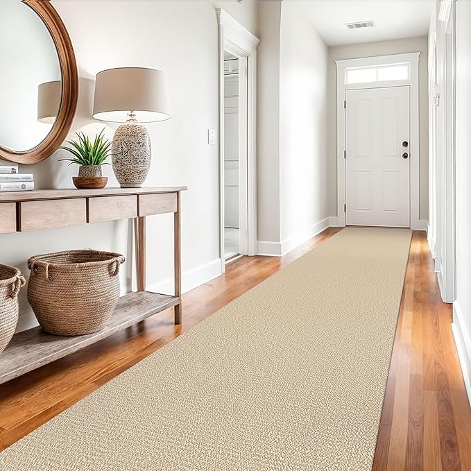 EARTHALL Extra Long Runner Rug 3x14 Ft Washable Runners for Hallways Cotton Non Slip Entryway Runner Braided Kitchen Runner Indoor Outdoor Carpet Runners for Stair, Hall, Foyers, Golden Beige/White
