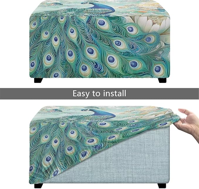 Small Ottoman Cover, Peacock Rectangle Chair Cover Polyester Spandex Furniture Protector with Elastic Bottom Foot Stool Slipcover for Country Living Room Decor
